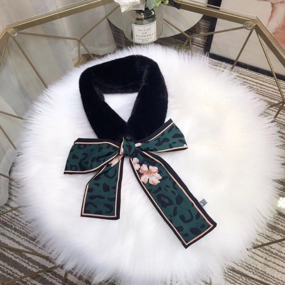Women Scarf Bow Tie Warm Plush Fur Green Leopard - Picture 1 of 4
